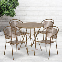 Flash Furniture CO-30RDF-03CHR4-GD-GG 30" Round Steel Folding Patio Table Set with 4 Round Back Chairs in Gold